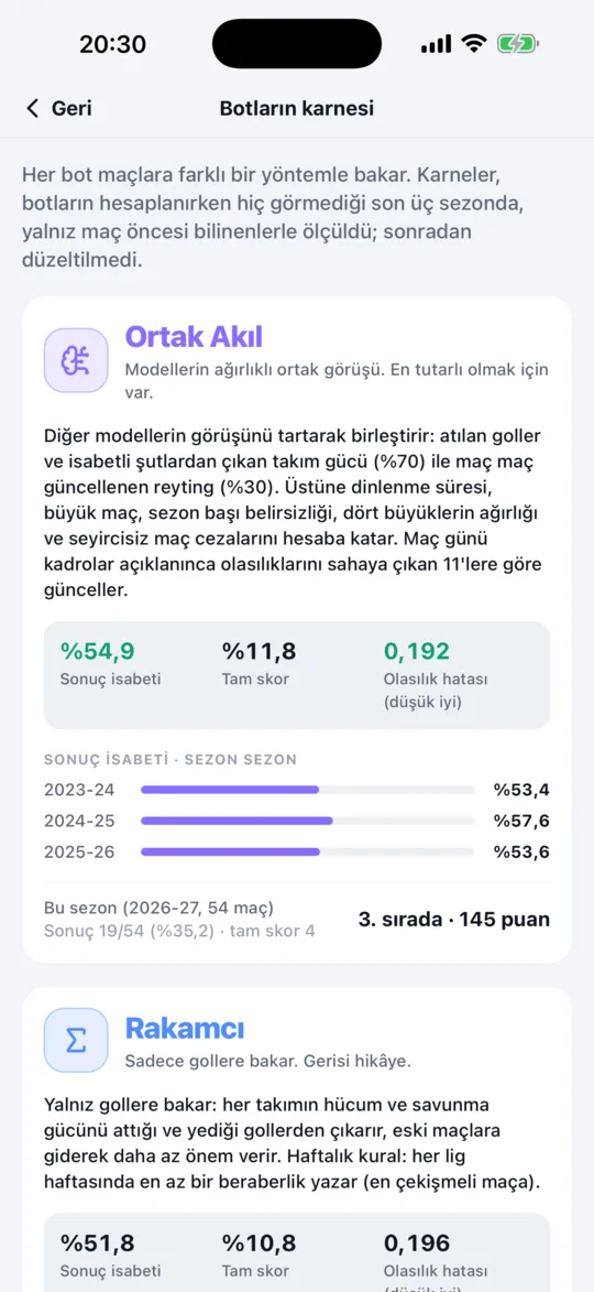 Botların karnesi ekranı